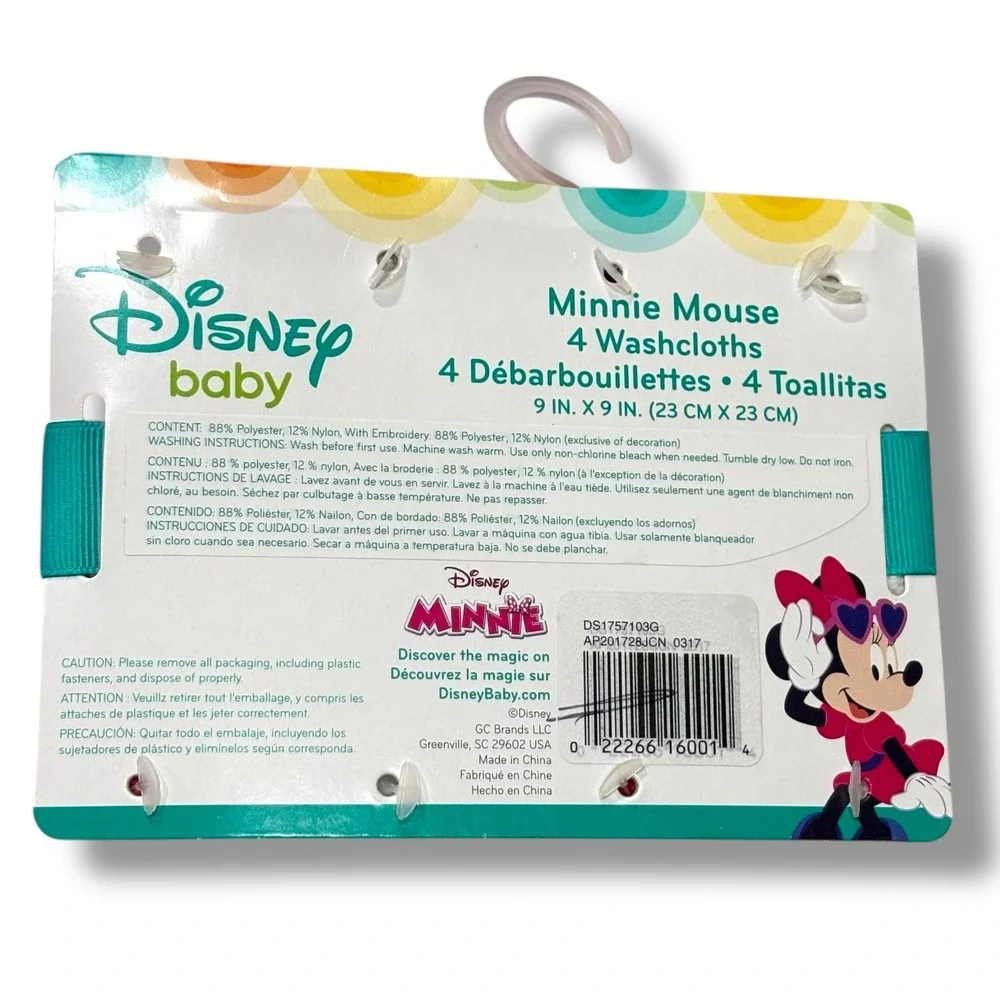 Bundle of 2 Disney Baby Minnie Mouse 4pk Red‎ White Embroidered Wash Cloths